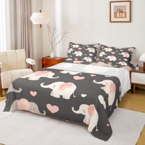 Castle Fairy Kawaii Elephants 4pcs Bed Sheets for Boys Girls,Pink Love Heart Print King Sheets,Cartoon Animal Super Cozy Sheet Set,Luxury Bedroom Decor