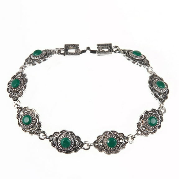 Kachbutis Bracelets for Women, Vintage Chain Link Silver Plated Green Stone Flower Design Marcasite Bangle Bracelets Jewelry Gift