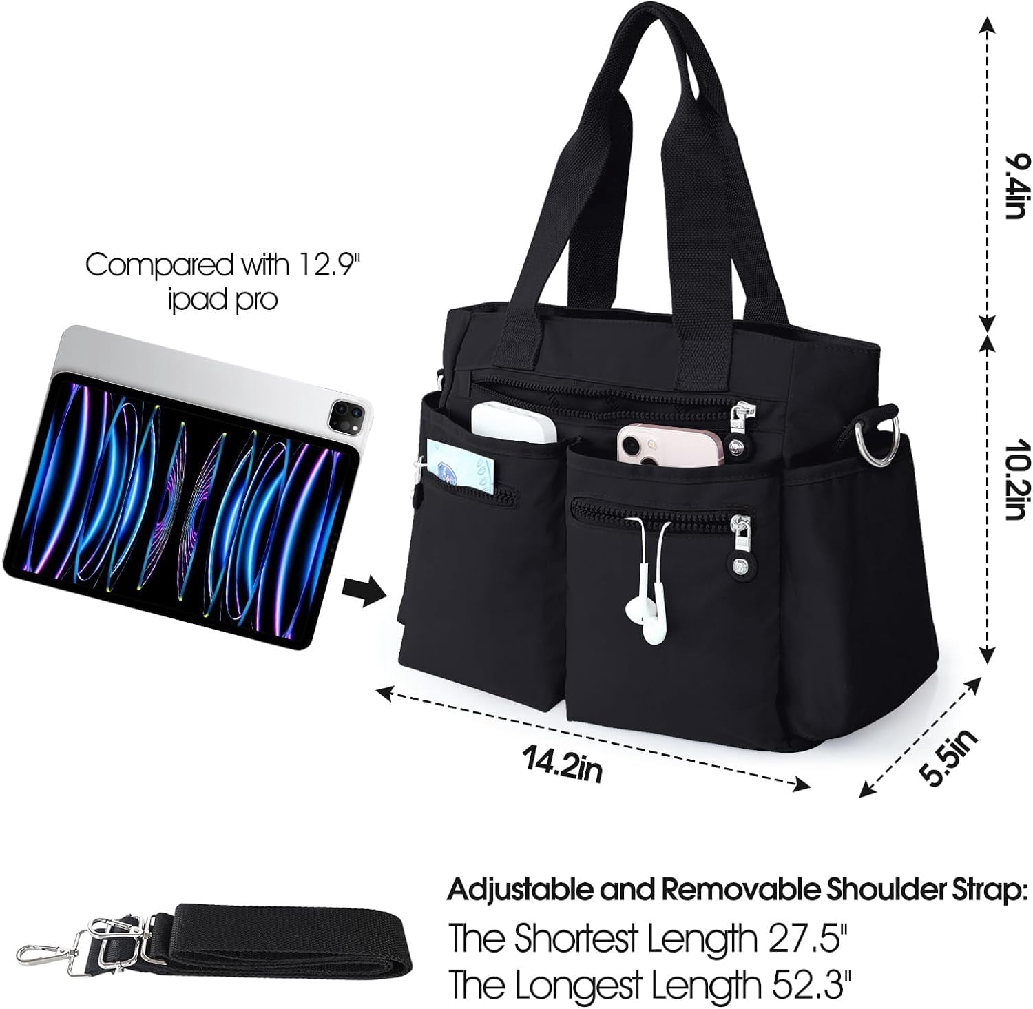Canvas Tote Bag with Multi Zipper Pockets Crossbody Tote Bag for Women Large Shoulder Handbag Tote Bag with Compartments
