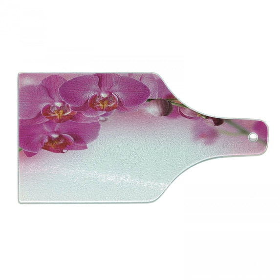 Spa Cutting Board, Blossoming Orchid Branch Exotic Nature with Feng Shui Elements Spa Garden Botany, Decorative Tempered Glass Cutting and Serving Board, Wine Bottle Shape, Multicolor, by Ambesonne