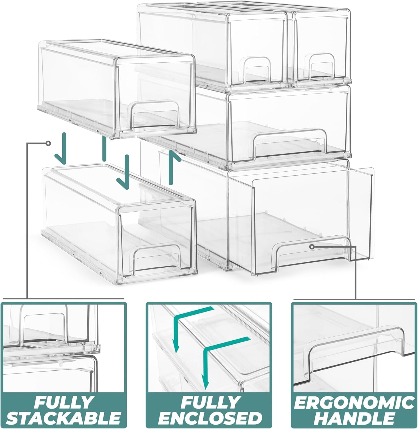Large  Stackable Storage Drawers – 2-Pack Plastic Organizer Bins with Handles – Stackable Pull-Out Storage for Closet, Pantry, Office, Bathroom