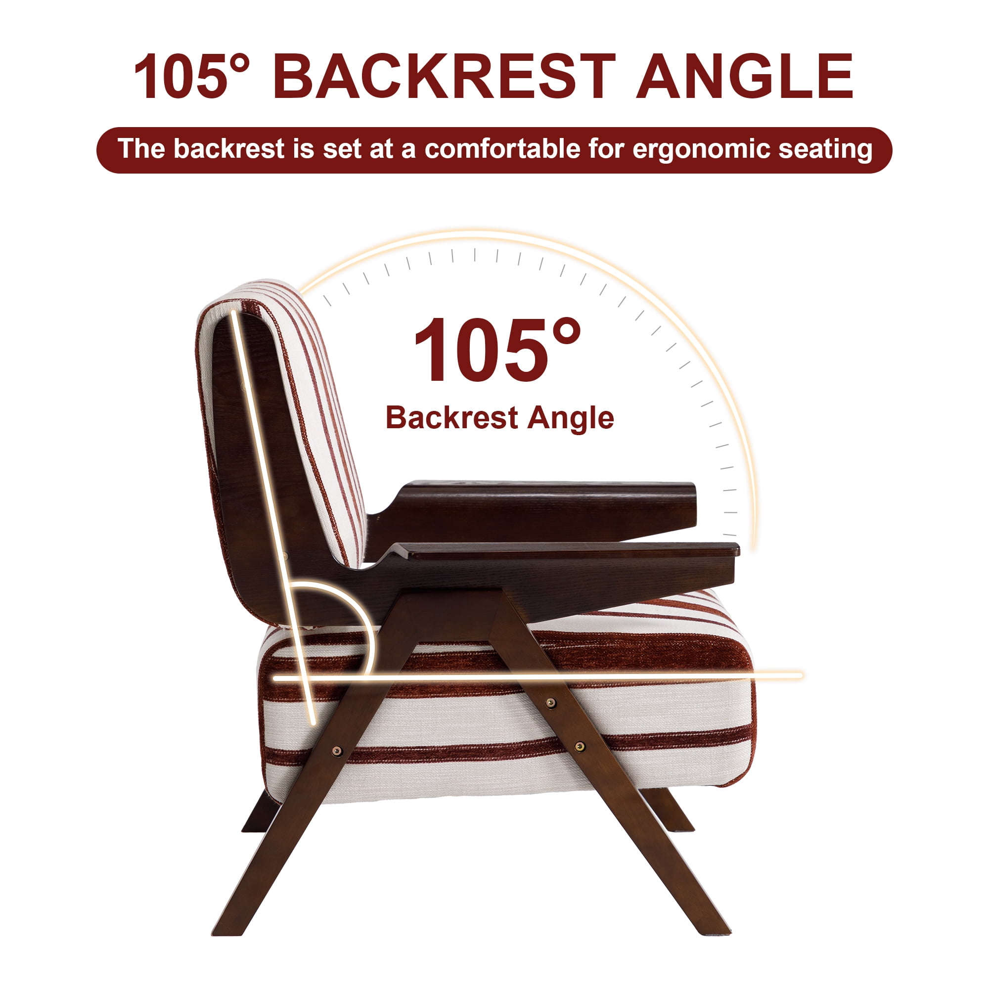 Leumius Modern Armchair with Widened Armrests Single Sofa Chair with Solid Wood Legs Comfortable Casual Reading Chair for Living Room, Bedroom, Office Red and White Stripes