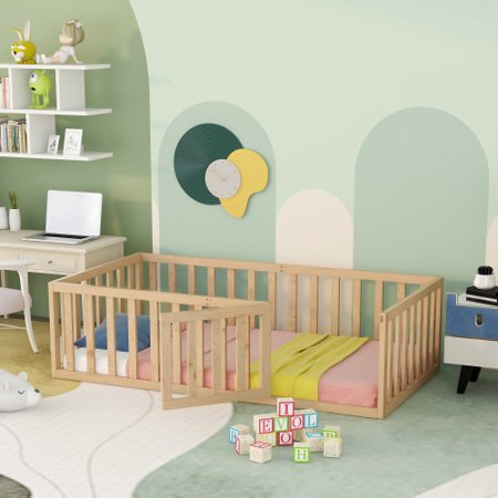 Twin Size Floor Bed for Kids  Wood Twin Montessori Bed Frame with Fence Guardrails and & Support Slats  Twin Playhouse Bed with Door Design  Kids Fence Bed Playpen Bed for Boys  Girls  Natural