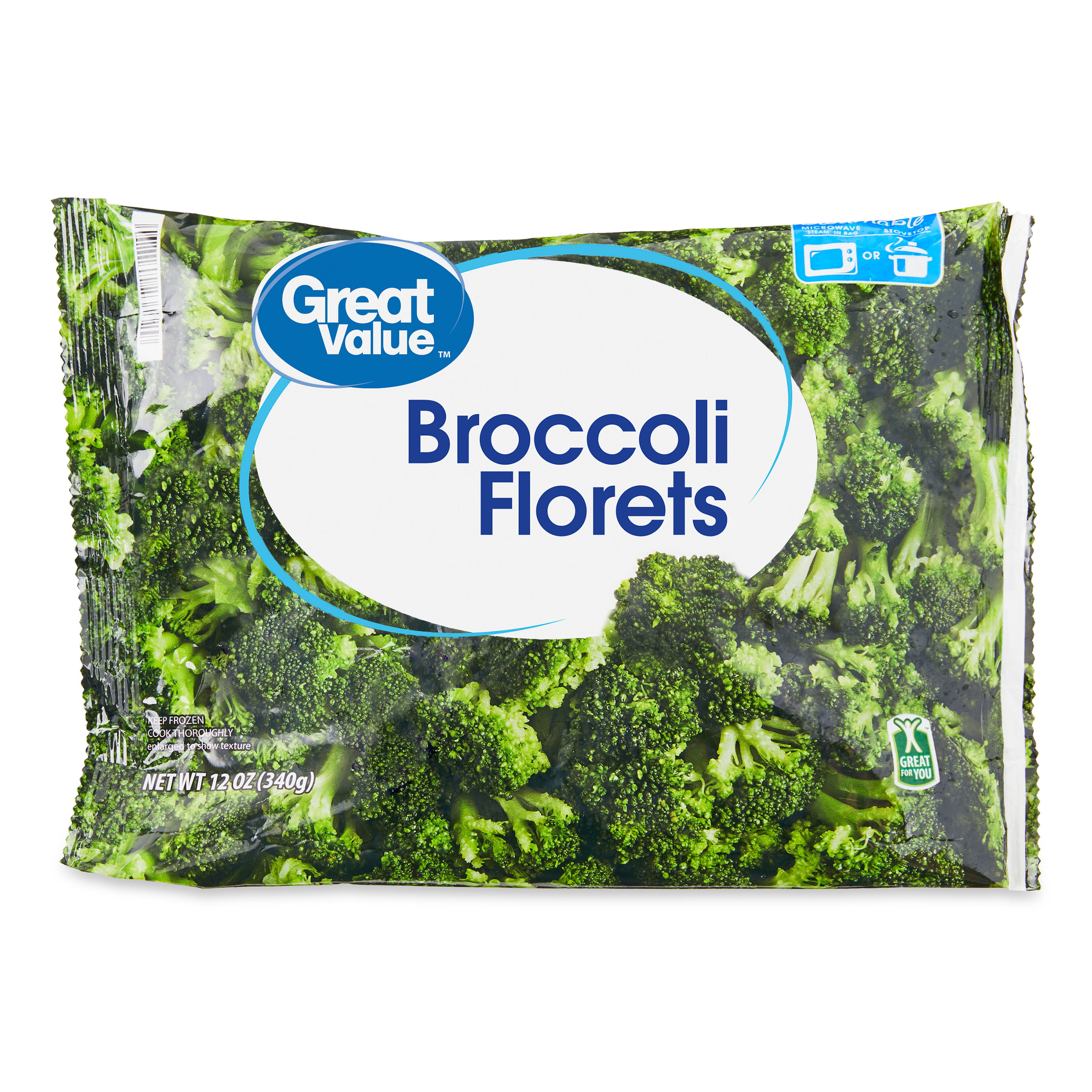 Great Value Frozen Broccoli Florets, 12 oz Steamable Bag 