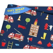 Otter Dotter Fire PresNok Trucks | Fire Engine Design Kids Wrapping Paper | Gift Wrap for Boys | Firetruck Blue (2 sheets)