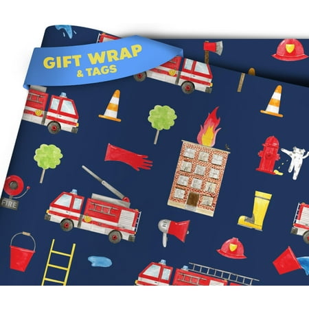 Otter Dotter Fire PresNok Trucks | Fire Engine Design Kids Wrapping Paper | Gift Wrap for Boys | Firetruck Blue (2 sheets)