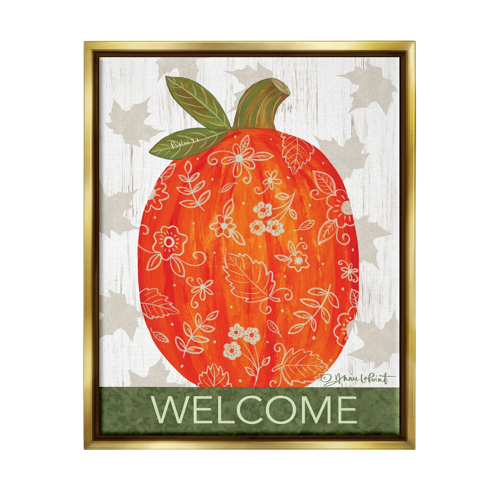 Stupell Industries Patterned Autumn Botanicals Pumpkin Welcome Sign Graphic Art Metallic Gold Floating Framed Canvas Print Wall Art, Design by Annie LaPoint