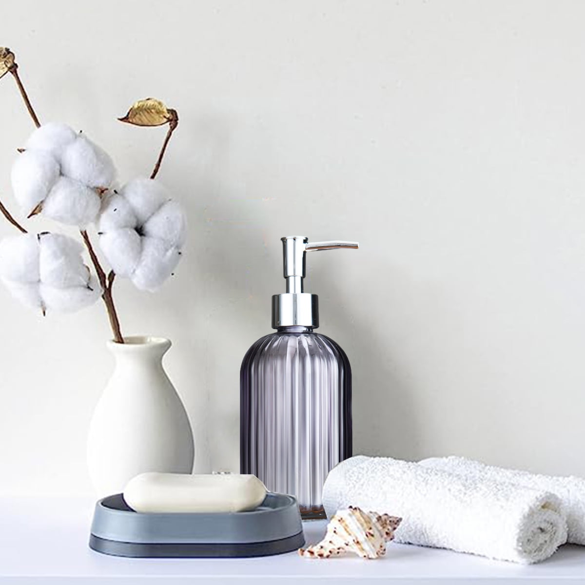 Clear glass soap dispenser with rust-proof stainless steel pump refillable bathroomgrey