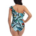 thumbnail image 5 of Picia Colorful Fishing Baits Pattern Women's One Piece Swimsuits,One Shoulder Swimwear Asymmetric ,Ruffle Monokinis Bathing Suits,High Waisted Flattering Bathing Suits-Small, 5 of 8
