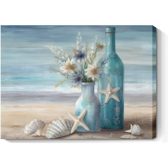 Blue Beach Ocean Floral Bathroom Decor Coastal Seaside Painting Canvas Print for Bathroom Living Room Bedroom Kitchen and Office Wall Decor16x12inch