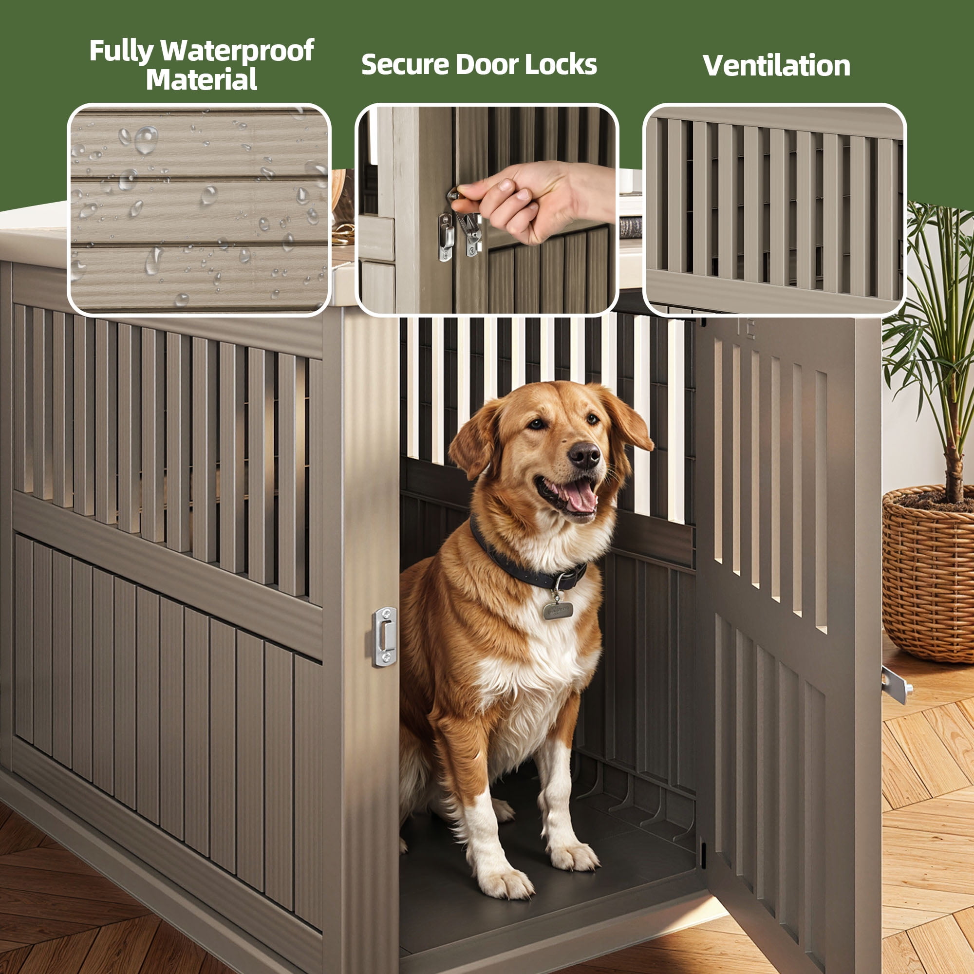 Uforic 30" Plastic Dog Crate for Small and Medium Dogs, Indoor Dog Kennel with Door Latch and Hollow Ventilated Design, Furniture End Table, Brown, 29.3"D x 15"W x 25.5"H