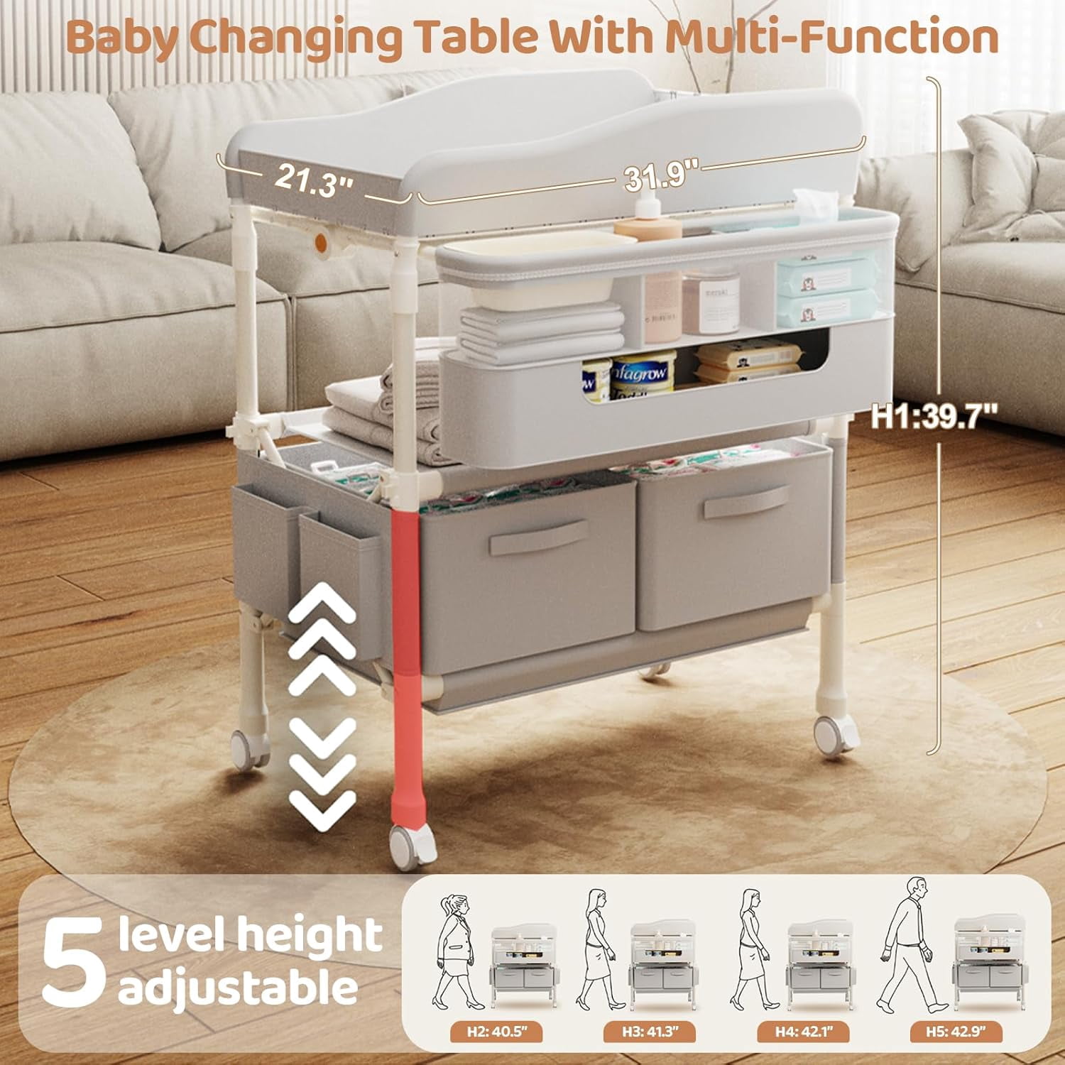 Multifunctional folding changing table with 2 drawers, portable baby changing station, includes toy shelf, mobile changing table and newborn compartment, height adjustable.