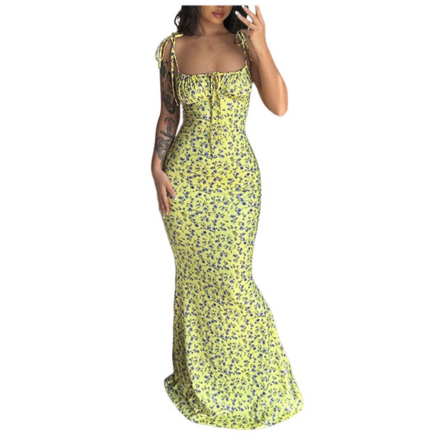 GYUJNB Robe Longue Moulante Florale d'Été pour Femmes Bretelles Spaghetti Sans Manches Boho