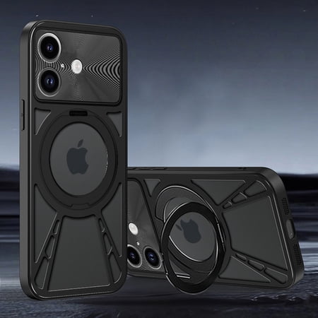 for iPhone 17 Phone Case with Ring Stand,360° Rotatable Magnetic Kickstand,Minimalist Aluminum Metal Frameless Heat Dissipation Shockproof Protective Bumper Cover,Black