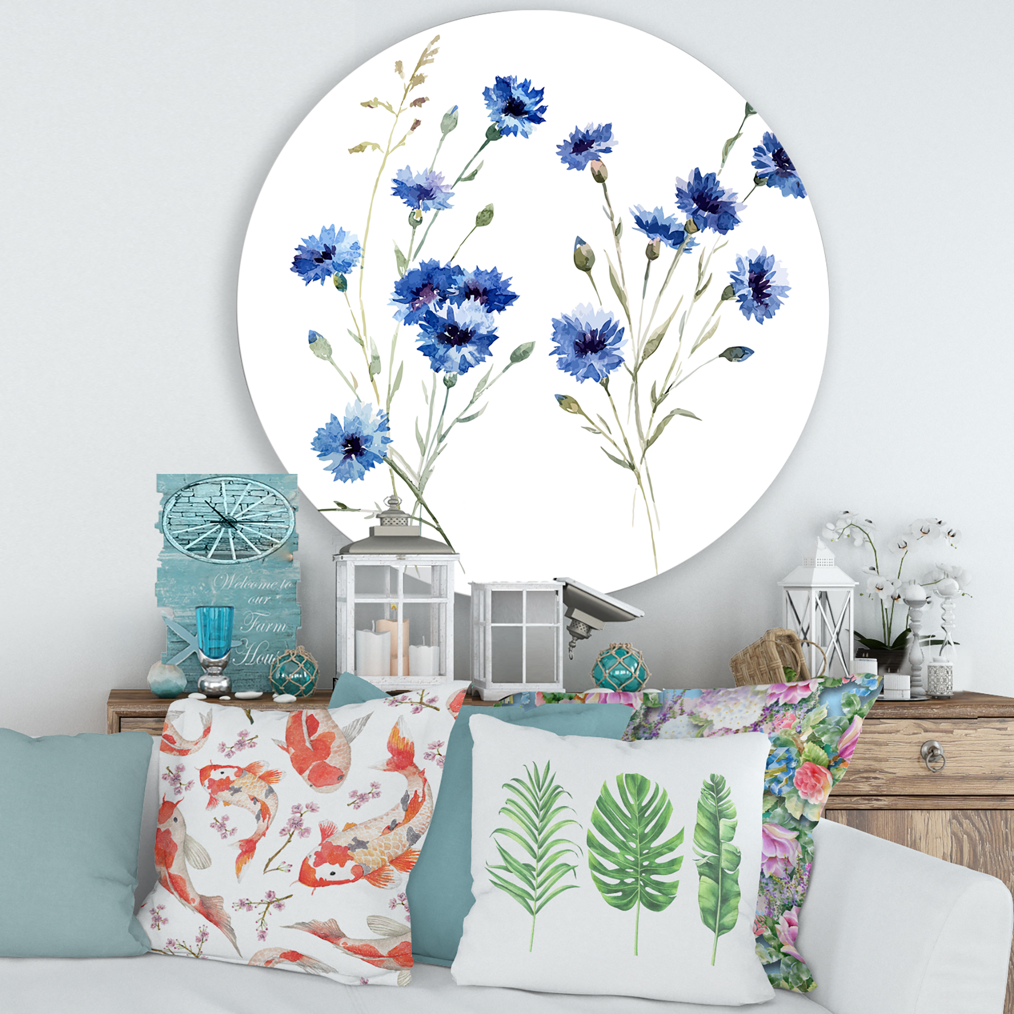 Designart 'Blue Cornflowers With Green Leaves On White III' Traditional Circle Metal Wall Art 29x29 - Disc of 29