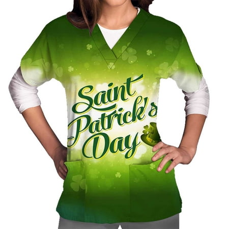 

St Patricks Day Scrub Tops for Women Green Clover Scrub Shirts Short Sleeve Mock Wrap V Neck Workwear T-Shirt