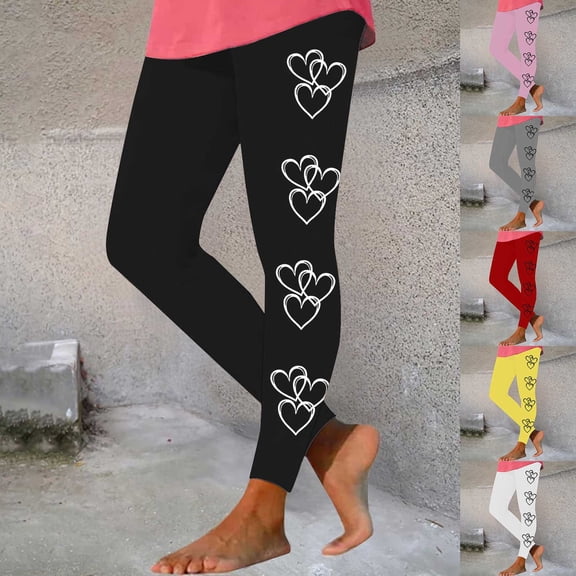 Feancey Lightning Sales of Today Prime By Hour Heart Print Leggings for Women Tummy Control High Waisted Running Yoga Pants Valentines Day Stretchy Butt Lift Sports Workout Tights Black XL