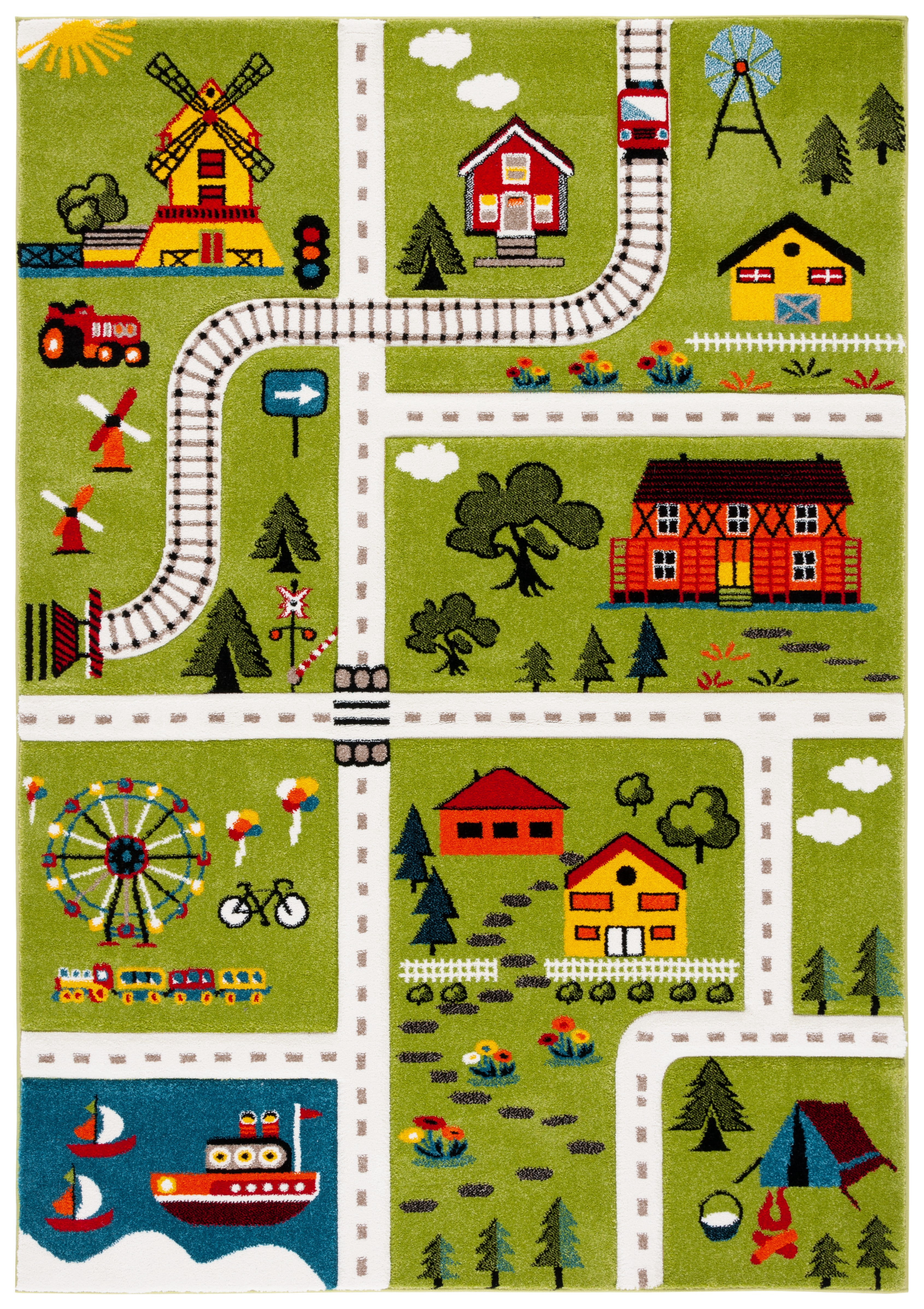 SAFAVIEH Carousel Kids Railroad Town Area Rug, Green/Beige, 9' x 12'