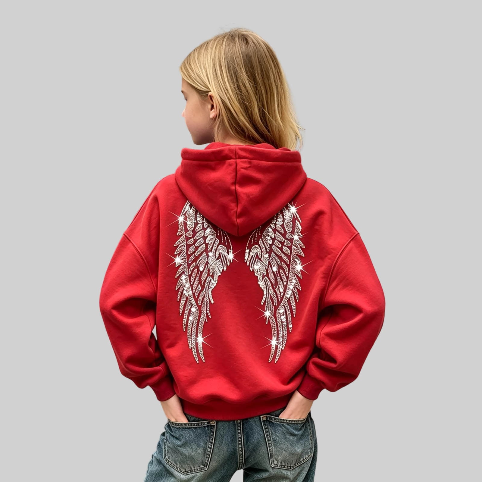 Girls Angel Wing Hoodie Long Sleeve Sweatshirts Back Graphic Drop Shoulder Ribbed Hooded Pullover Top Red 120