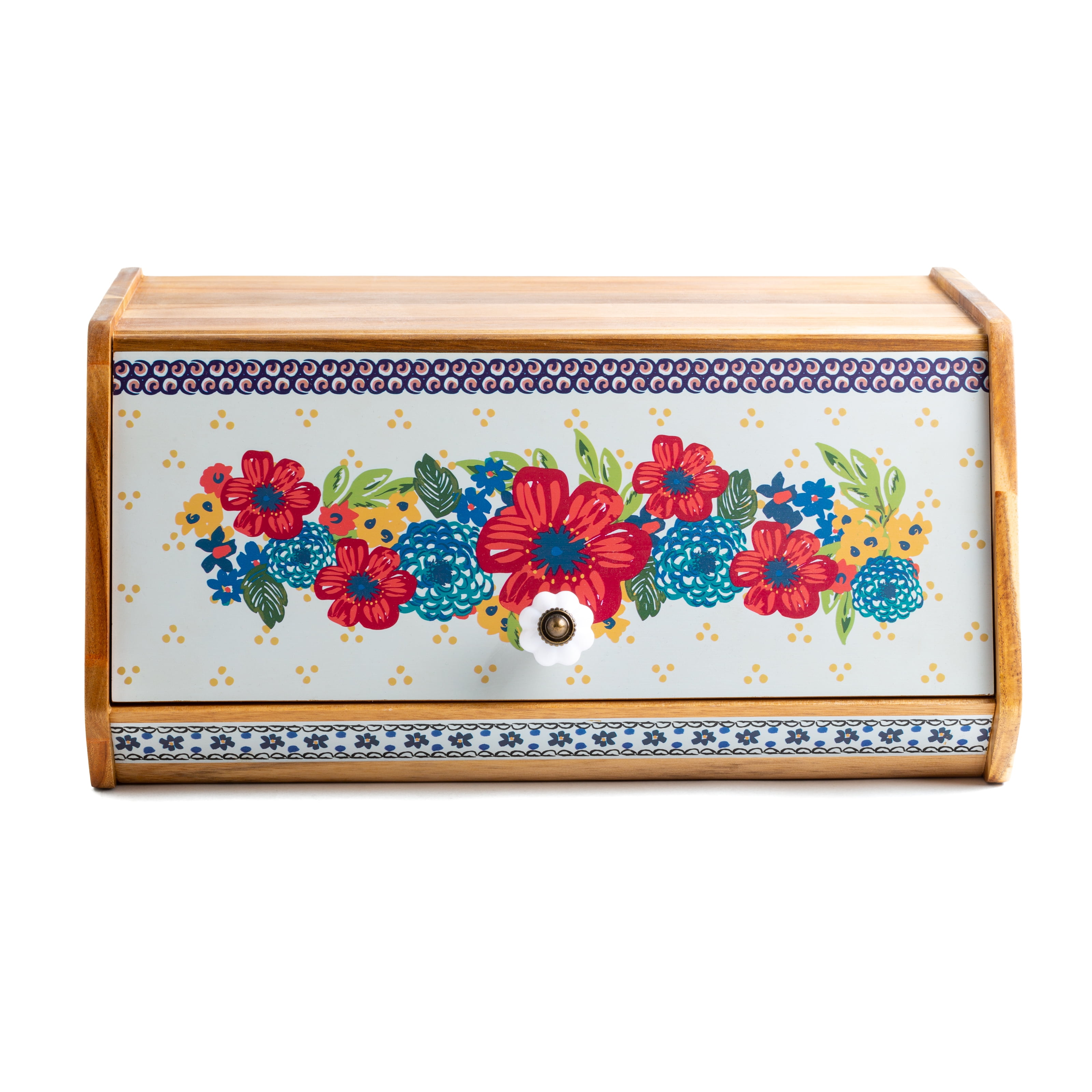 ✨ Pioneer Woman Bread Box Acacia Wood Dazzling Dahlia Fiona Vintage Floral New ✨
