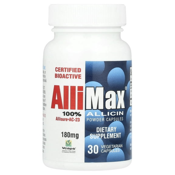 Allimax 100% Allicin Powder Capsules, 180 mg, 30 Vegetarian Capsules