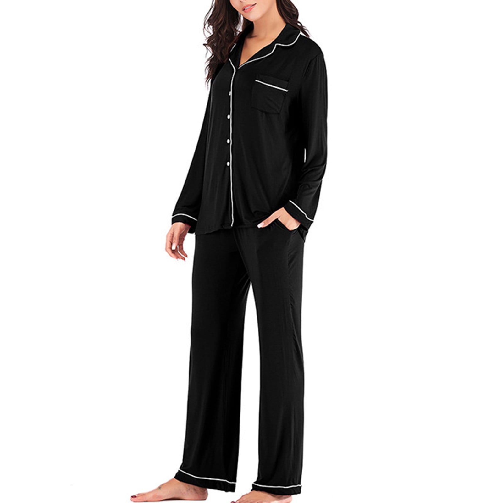 BONIXOOM Christmas Pajamas For Women Matching Family Christmas Pajamas Loungewear None Long Sleeve Sleepwear Sets Solid Black XL