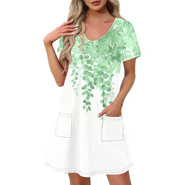 Vestido Corto de Verano Moda Gradiente Corto de Manga en V Cuello Vestido Casual, Poliéster Ligero de Verano, Lavado de Manos