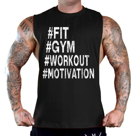 Men's Hashtag Fit Gym Workout Motivation Sleeveless Black T-Shirt Tank Top Large