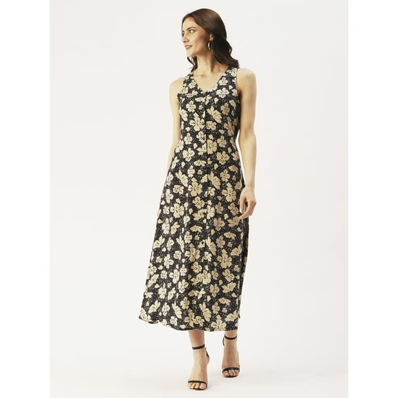 DressBerry Women’s Printed Viscose Rayon V Neck Dress Front Buttoned Sleeveless Ankle Length Party Wear Light Weighted Casual Summer Dress