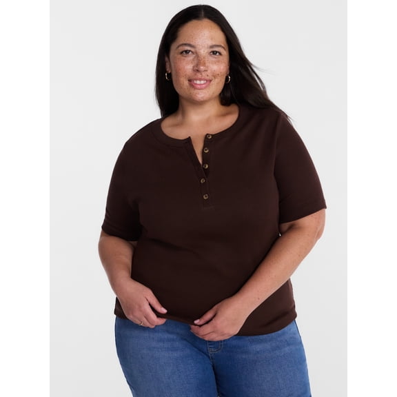 Terra & Sky Women's Plus Ribbed Henley Top with Short Sleeves, Sizes 0X-5X