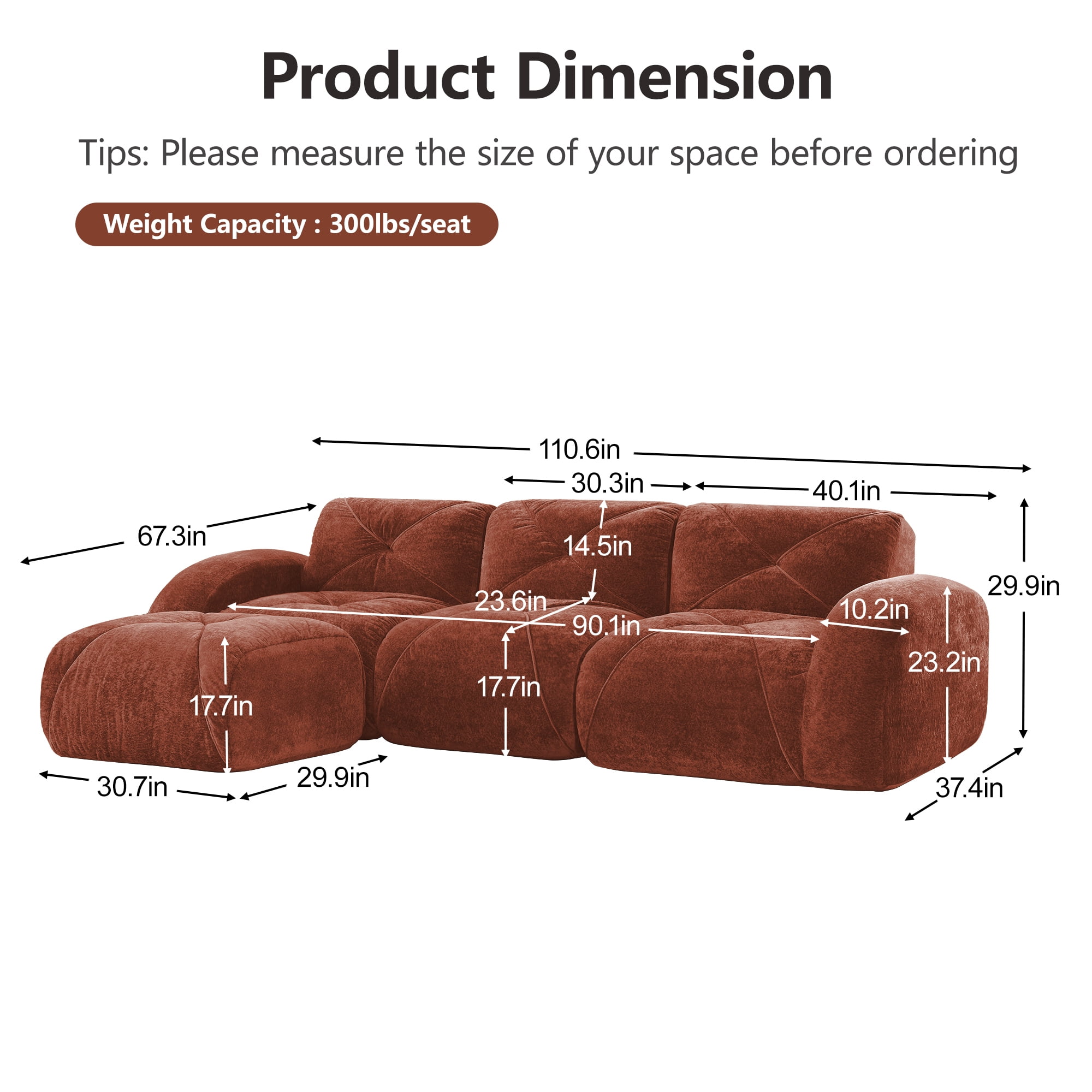 Alvantor L-Shaped Sectional Sofa 3-Seater Boneless Sofa Couch with Anti-Slip Design for Living Room, Easy Assembly Red Brown