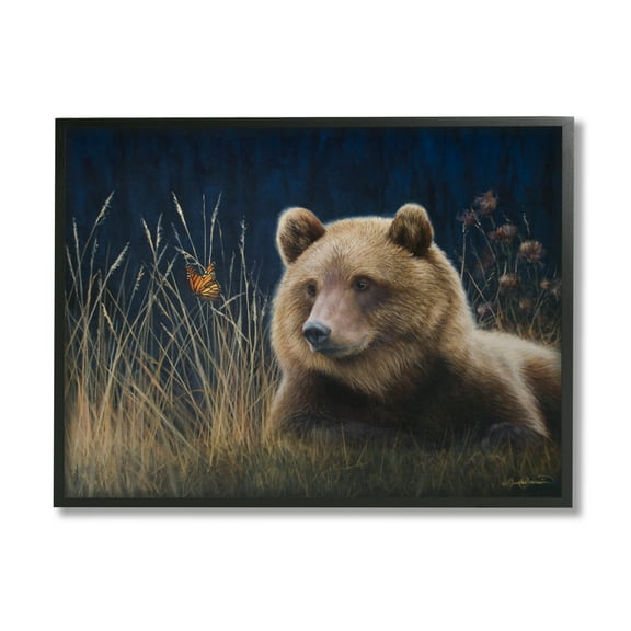 Stupell Industries Bear & Butterfly Scene Animals & Insects Painting Black Framed Art Print Wall Art, 14 x 11