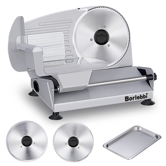 Cortadora de carne eléctrica Borlebbi de 200 W con 2 cuchillas y bandeja de 7.5 pulgadas