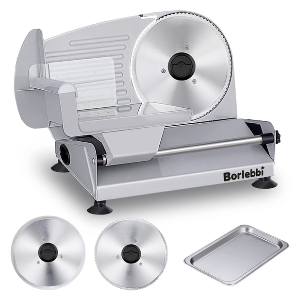Cortadora de carne eléctrica Borlebbi de 200 W con 2 cuchillas y bandeja de 7.5 pulgadas