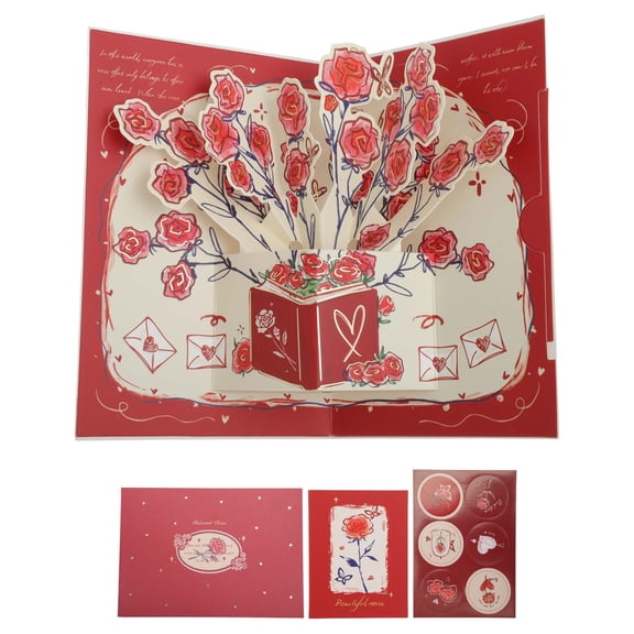 Unique Bargains Floral Pops Up Card 3D Greeting Cards with Envelope Red Bouquet