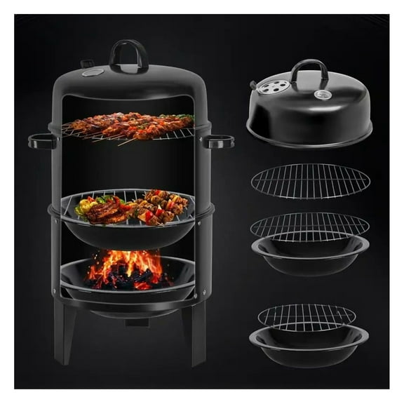 16" 3-Tier Portable Charcoal Smoker Grill with Easy Temperature Control - Black Vertical Grill for Camping, Outdoor Cooking and Backyard Parties
