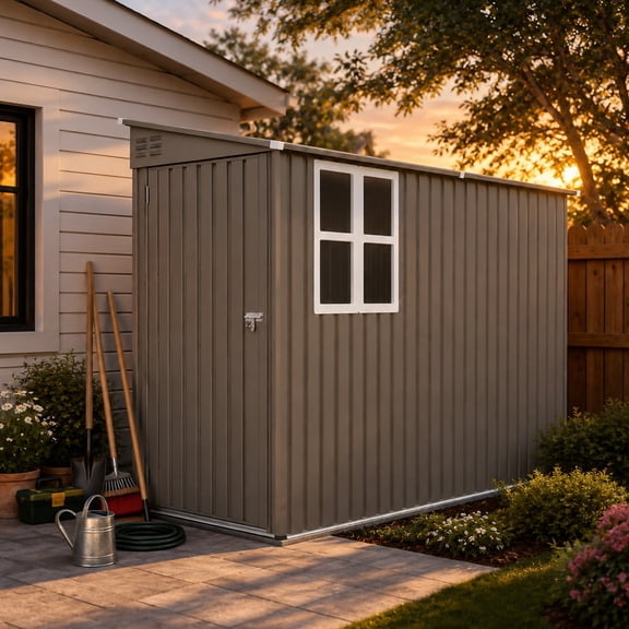 4x9FT Olive Grey Metal Storage Shed with Light-Transmitting Windows - Ideal for Garden Equipment