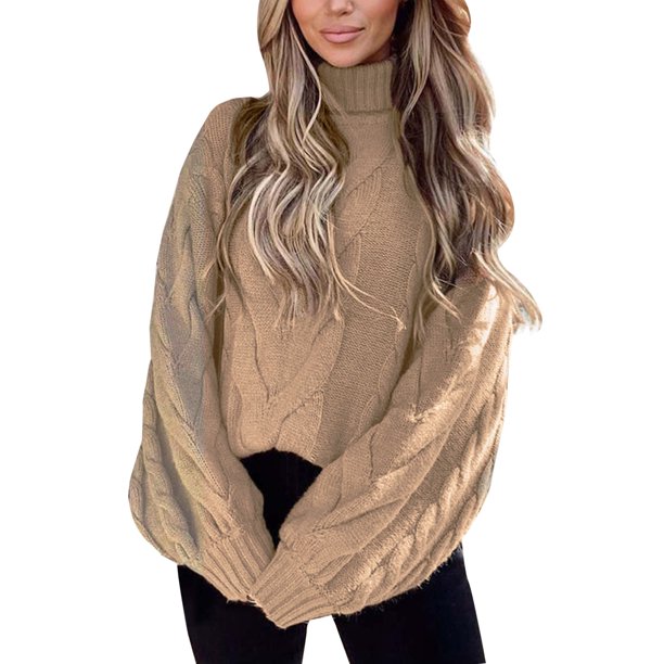 Gibobby Suéter de cuello alto mujer, Suéter Isidora de Manga Larga con Cuello Alto Suter para Mujer(Caqui,XG)
