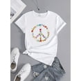 thumbnail image 1 of [Floral Print Casual Crew Neck] Floral Peace Sign Print T-Shirt, Casual Crew Neck, Cotton Knit Fabric with Medium Stretch, Breathable & Comfortable, for all Seasons, 1 of 6