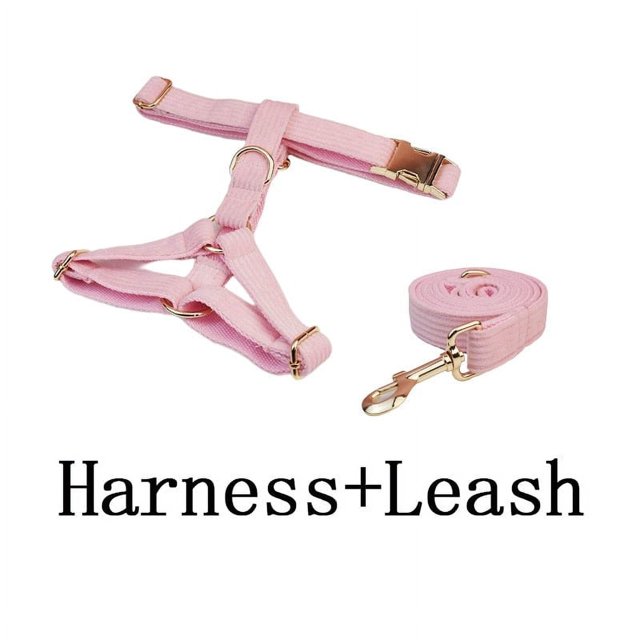 Pink Corduroy Dog Collar And Leash Set With Custom Engraved Nameplate