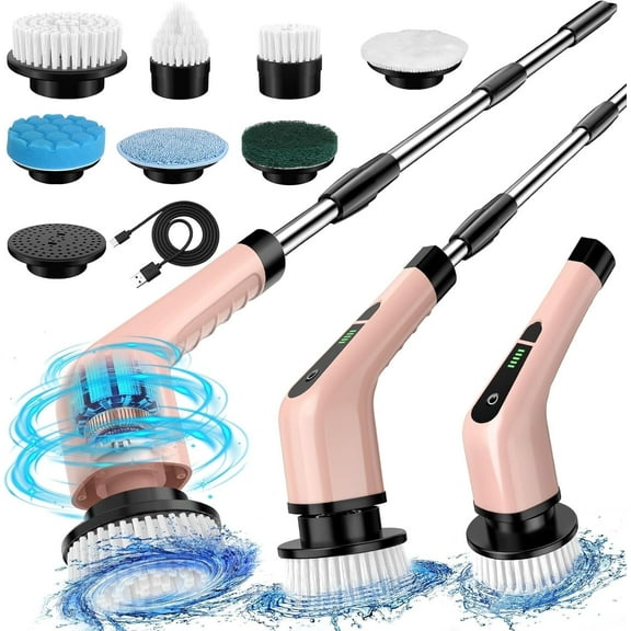 Electric Spin Scrubber, Bathroom Cleaning Brush, Pink Power Shower Scrubber with 7 Replaceable Brush Heads, 3 Adjustable Handle for Bathroom, Tub, Tile, Floor, Glass, Car