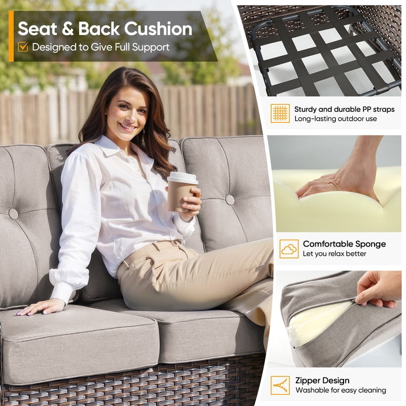 PARKWELL 7 Pieces Patio Furniture Set with Swivel Chairs, 7-Seat Wicker Conversation Set with Rattan Rocking Chair, Ottoman, Coffee Table and 5" Thick Cushion for Porch Deck, Brown/Beige
