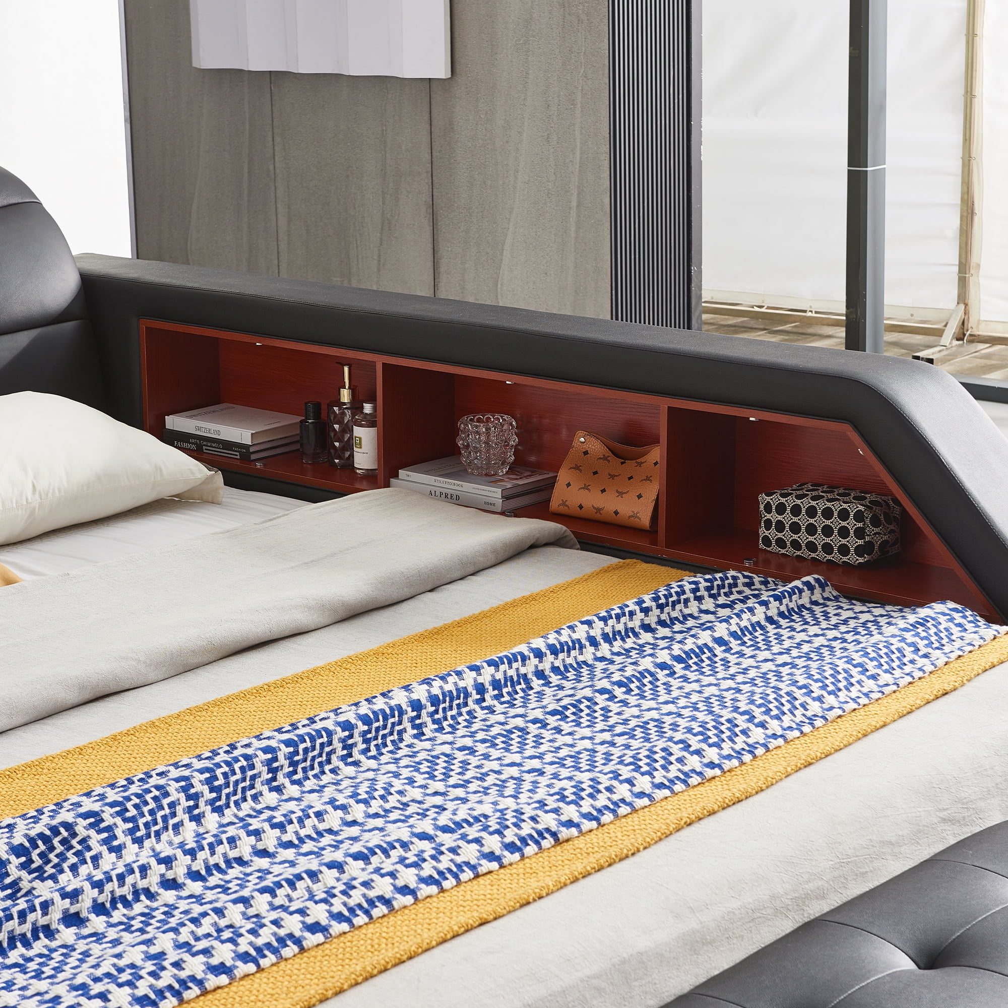 Multifunction Smart King Bed Frame, Upholstered Platform with Massage Recliner, Storage Drawers, Bluetooth Speaker, USB Charging Port, Adjustable Headboard