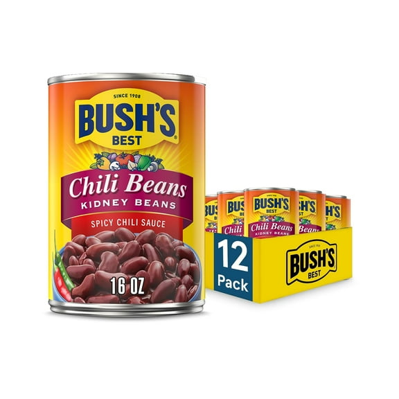 BUSH'S BEST 16 oz Canned Spicy KKS1 Dark Red Chili Beans, Source of Plant Based Protein and Fiber, (Pack of 12)
