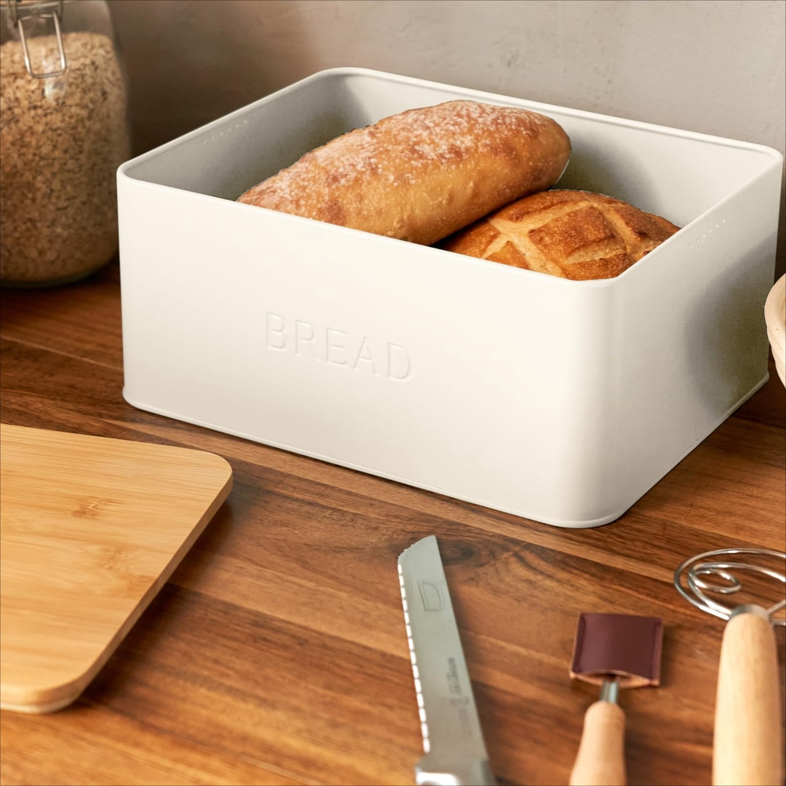 Stylish Bread Box with Wooden Lid for Kitchen Countertop, Spacious Storage Container for Homemade Bread Muffins Bagels, Premium Cutting Board Lid Keeps Bread Fresh