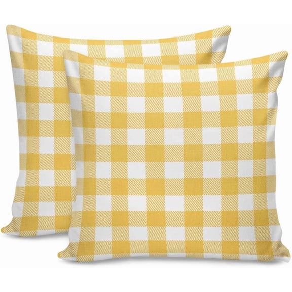 Yellow Buffalo Check Plaid Pillow Covers 16x16 Set of 2, Cotton Linen Reversible Throw Pillows Covers for Outdoor Couch Sofa Living Room, Farmhouse Style Decorations Pillow Cases Cushion Cover