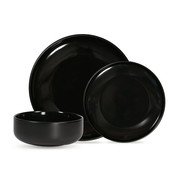 Mainstays Matte Black Shine 12Piece Stoneware Dinnerware Set, Black