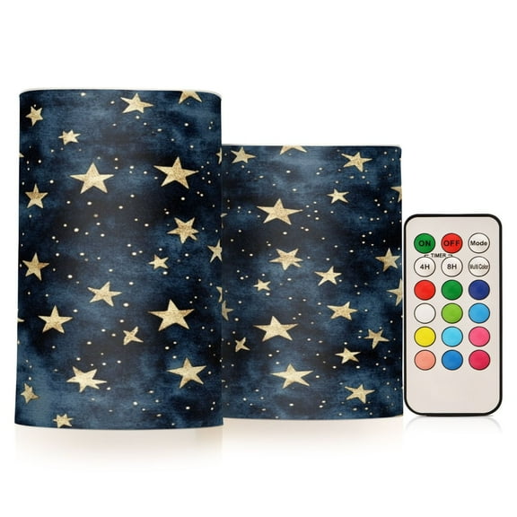 2 PCS Flameless Candles with Remote Timer LED Battery Operated Flickering Candle Light for Wedding Table Home Decoration Gifts Small Gold Stars Pattern
