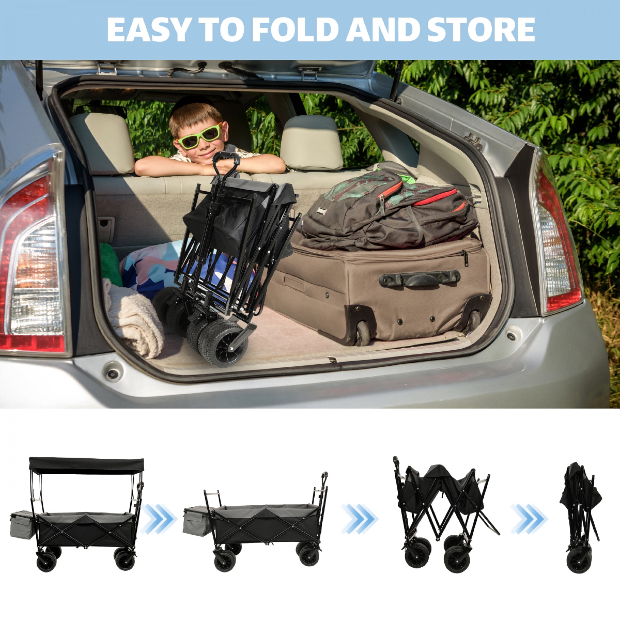 480Lbs Collapsible Wagon with Canopy, Wagon Stroller with 7" All-Terrain Wheels, Lightweight Foldable Large Capacity Wagon with Mosquito Net,Camping, Shopping, Sports & Garden Use,Black