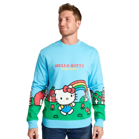 Hello Kitty City Rainbow Men's Blue Crew Neck Long Sleeve Pullover Sweatshirt-Large